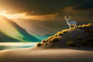 photo wallpaper the sky, mountains, the deer, the lake, the sunset, the deer,. AI-Generated