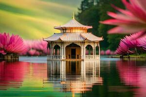 a pagoda sits on the water surrounded by pink flowers. AI-Generated photo
