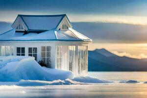 a small house sitting on top of a frozen lake. AI-Generated photo