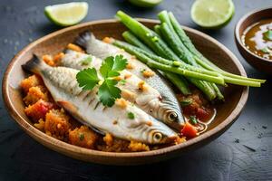 fish with vegetables and sauce in a bowl. AI-Generated photo