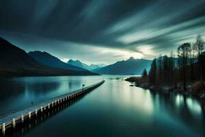 a long exposure photo of a pier in the middle of a lake. AI-Generated