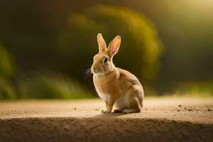 a rabbit sitting on the ground in front of a blurry background. AI-Generated photo