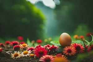 a single egg in the middle of a field of flowers. AI-Generated photo