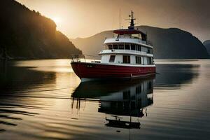 a red and white boat is docked in the water. AI-Generated photo