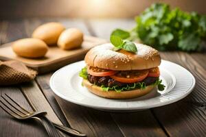 a hamburger with tomatoes and lettuce on a white plate. AI-Generated photo