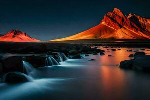 a mountain range is illuminated by the light of the moon. AI-Generated photo