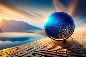 a blue speaker sitting on top of a table with a lake in the background. AI-Generated photo