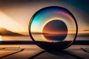 un circular lente con un puesta de sol en el antecedentes. generado por ai foto