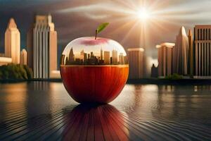 an apple with a city skyline in the background. AI-Generated photo