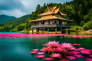 beautiful lotus flower in lake with pagoda in the background. AI-Generated photo