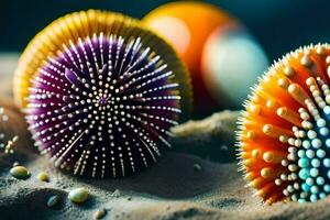 a close up of colorful sea urchins on the sand. AI-Generated photo