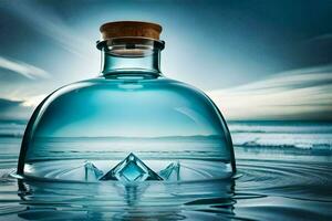 a bottle of blue liquid sitting on the water. AI-Generated photo