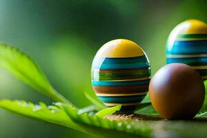 three colorful easter eggs are sitting on a green leaf. AI-Generated photo