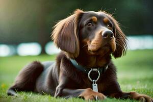 a brown dog laying on the grass. AI-Generated photo