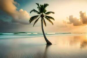 a palm tree on the beach at sunset. AI-Generated photo