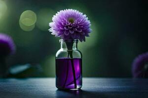 purple flower in a bottle on a table. AI-Generated photo