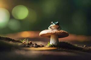 a frog sits on top of a mushroom in the forest. AI-Generated photo