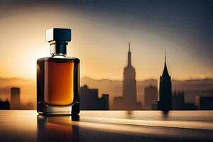 a bottle of perfume sits on a table in front of a cityscape. AI-Generated photo
