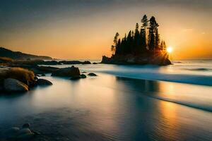 a sunset over the ocean with trees on the shore. AI-Generated photo