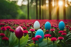 easter eggs in the field. AI-Generated photo