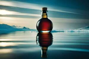a bottle of liquor sitting on the water with a sunset in the background. AI-Generated photo