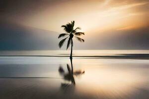 a lone palm tree stands in the middle of a beach. AI-Generated photo