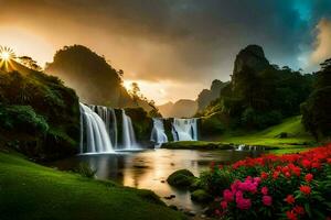 el Dom sube terminado un cascada en el montañas. generado por ai foto