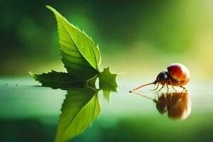 un escarabajo es sentado en el agua con un hoja. generado por ai foto