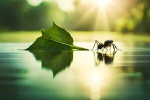 a bug is standing on a leaf in water. AI-Generated photo