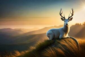 a white deer is sitting on a hill with the sun setting behind it. AI-Generated photo