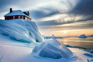 un rojo casa se sienta en parte superior de un iceberg. generado por ai foto