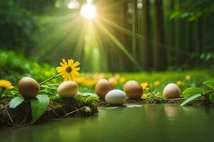 eggs in the water with flowers and grass. AI-Generated photo