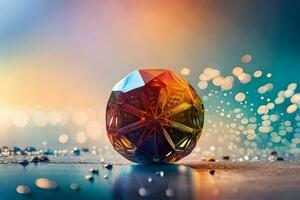 a diamond is shown on a table with bokeh. AI-Generated photo