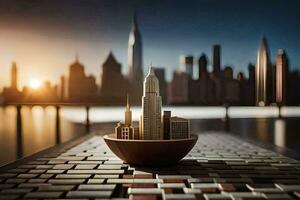 a city in a bowl with a city skyline in the background. AI-Generated photo