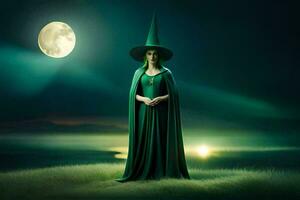 a woman in green dress standing in front of a full moon. AI-Generated photo