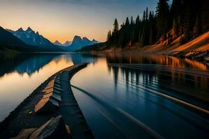 a lake with a dock and mountains in the background. AI-Generated photo