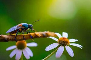 a bee sits on a branch with white flowers. AI-Generated photo