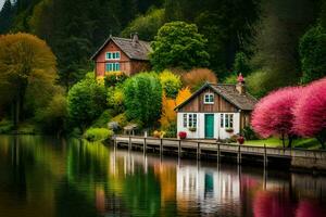 colorful houses on the shore of a lake. AI-Generated photo