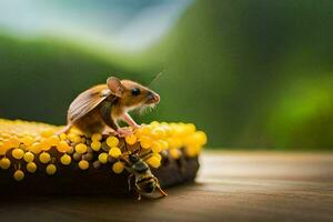 a mouse is sitting on top of a pile of yellow beads. AI-Generated photo