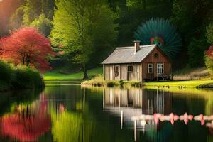 a small cabin sits on the edge of a lake. AI-Generated photo