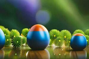 Tres azul y naranja Pascua de Resurrección huevos son sentado en un mesa. generado por ai foto