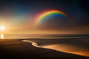 a rainbow is seen over the ocean at sunset. AI-Generated photo