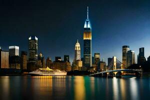 el nuevo York ciudad horizonte a noche. generado por ai foto