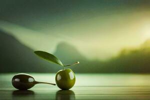 two olives sit on a table with a green leaf. AI-Generated photo