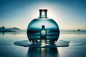 un botella de agua sentado en el playa con un montaña en el antecedentes. generado por ai foto