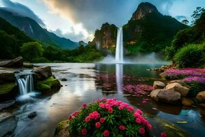 beautiful waterfall in the mountains with flowers and rocks. AI-Generated photo