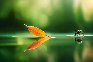 a leaf and a bug on the water. AI-Generated photo