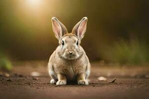 a rabbit sitting on the ground in front of a blurry background. AI-Generated photo