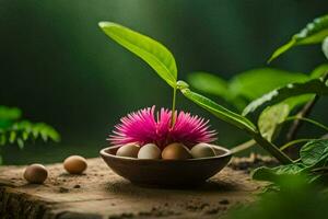 a flower and eggs in a bowl on a wooden table. AI-Generated photo