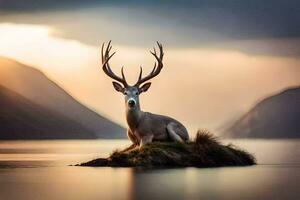 un ciervo se sienta en un rock en el medio de un lago. generado por ai foto